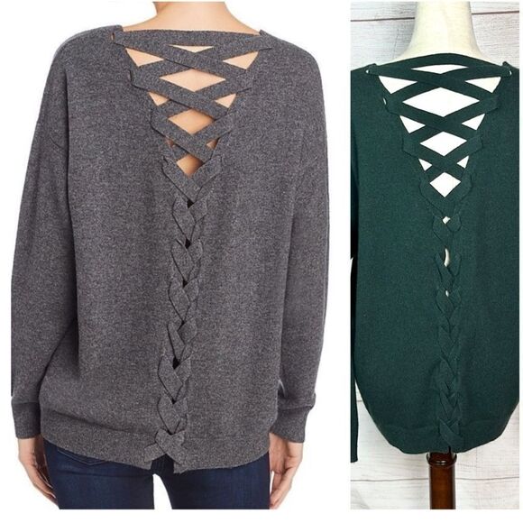 Aqua Cashmere Lace-up Back Cashmere Sweater V-neck Dark Green Relaxed Fit L - Picture 1 of 10